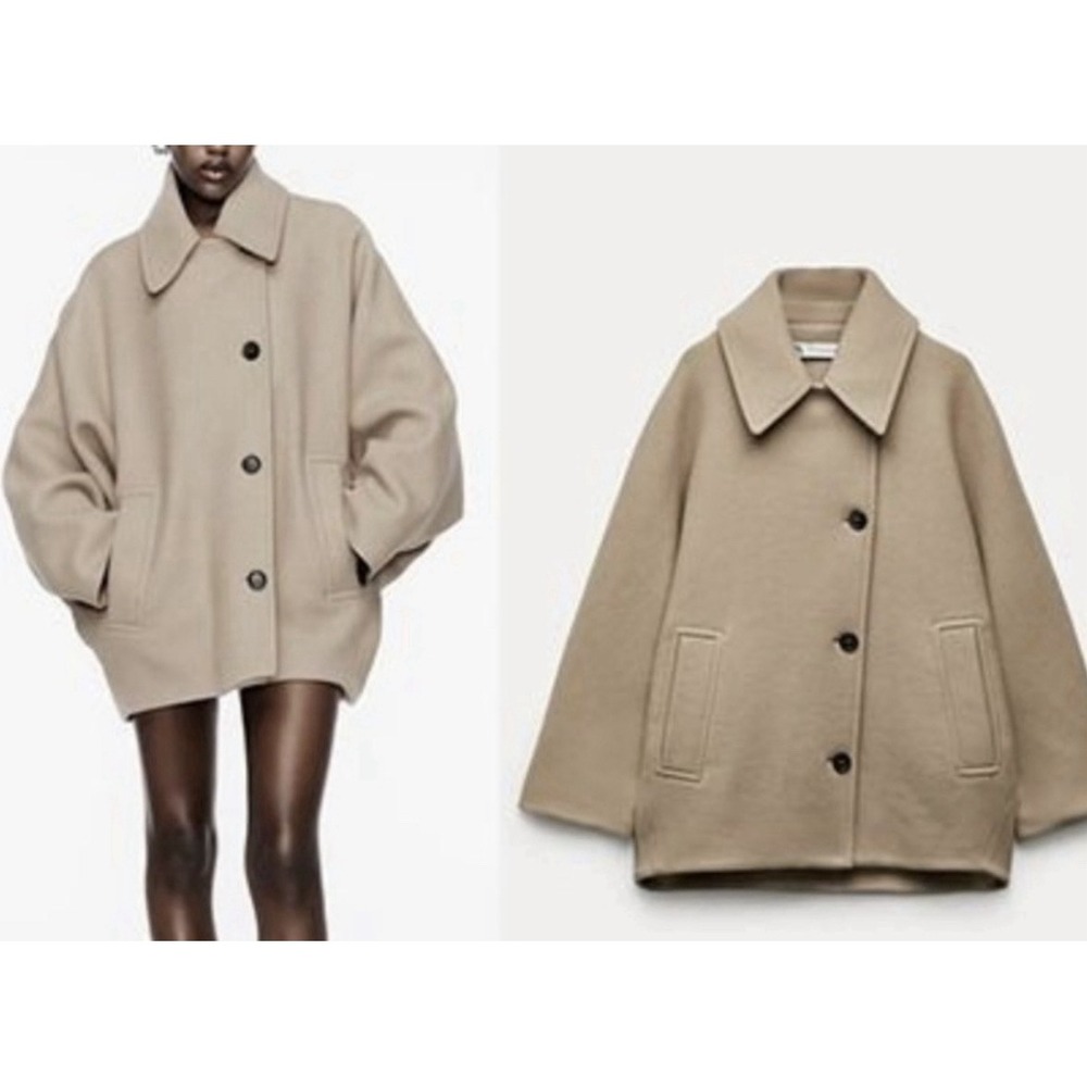 Zara Oversized Brown Wool Short Coat Bat Sleeve Runway City Tik Tok Fall - Picture 10 of 11